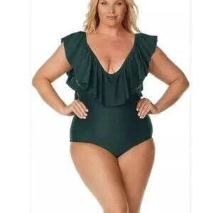 Raisins Plus Size 14W Swimsuit Ruffle Neck One Piece V-Neck Dark Green Back Tie
